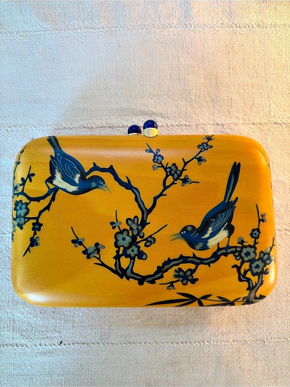 Silvia Furmanovich Wood Marquetry Bird Clutch with Lapis Clasp Yellow & Blue Bra